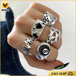 Vintage Poker Rings Set Gothic Punk Rings for Men Exaggerated Personality Halloween Jewelry Anel Masculino Punk Poker Joker Silver Color Rings for Men Goth Skeleton Billiards Set Couple Fashion Jewelry Gift