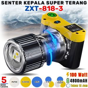 SENTER ZOOM + SENSOR TANGAN + 3 WARNA CAHAYA~Senter Kepala Premium LED Super Terang 100W ZXT-818-3 | Senter Zoom Lensa Teleskop Zoom In-Out Baterai 4800mAh Bisa Di Cas Isi Ulang Charger USB Dan Tahan Air | Senter Awet Tahan Lama Hingga 12 Jam | GA