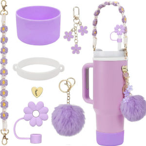 Flower Straw Cover Cup Accessories Set Bottle Handle Strap Silicone Boot Pom Pom Rope Tumbler Decor