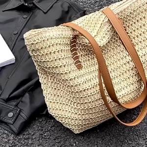 French-Inspired Large Capacity Woven Handbag - Lightweight Coffee Straw Material Zipper Closure Durable Polyester Lining Beach Bag Versatile Carryall Elegant Handle Design Secure Zipper Closure