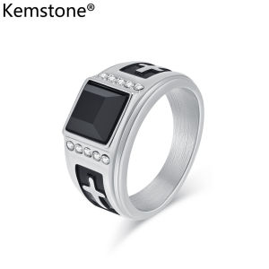 Kemstone Zircon Gold Plated Cross Rings Stainless Steel Ring for Mens Jewelry