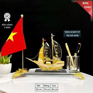 Hộp Đựng Bút Doanh Nhân Thuyền Thuận Buồm Xuôi Gió Đính Đá 1 cờ Chất Liệu Đồng Mạ Vàng và Pha Lê K9 Hộp Bút Để Bàn