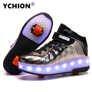 YCHION 2024 USB Charging Children Two Wheels Luminous Glowing Sneakers Black Red Pink Led Light Roller Skate Shoes Kids Led Shoes Boys Girls 2023