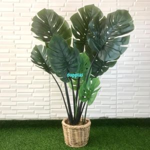 Pohon Artificial Tanaman Plastik Monstera T120 Latex Cover Pot Rotan Bulat Dekorasi Studio Aesthetic