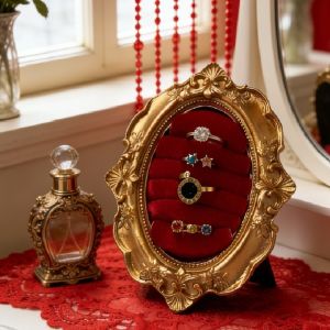 KUMAYES Baroque Design Ring Display Stand Vintage Gold Velvet Organizer Jewelry Display Rack Household Ornaments Photo Frame Suede Earring Tray Engagement Prop