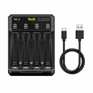 Yonii Smart Battery Charger NL4 for 1.2V Rechargeable AA/AAA NiMH Batteries and 1.5V Lithium Batteries Each Slot Independently Chargeable Mixed Charging USB Type-C Charging