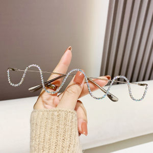Diamond-embellished frameless glasses 2023 Glasses ins Wave trend personalized runway decorative eyeglass frame