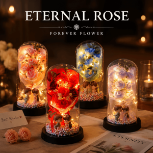 DIVATEN with Light String Eternal Rose Flower Lover Figurines Colorful Desktop Ornament Eternal Real Touch Flower Flower Bouquet Ornament Unique Gift