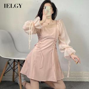 IELGY womens square neck pink dress with waist a-line long sleeves