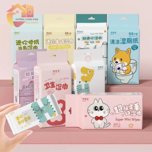 Bịch 8 gói khăn giấy ướt mini hoạt hình bỏ túi khăn ướt vải không dệt tiện dụng