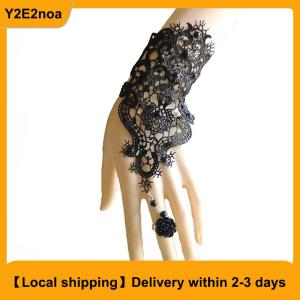 【Local shipping】 1pc Women Goth Rose Beads Flower Lace Slave Glove Adjustable Ring Long Bracelet
