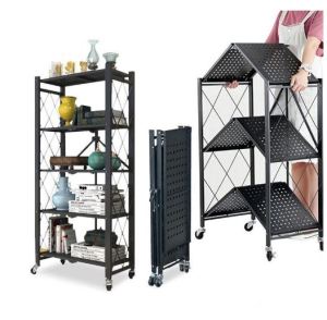 Folding Storage Rack - Kitchen Organiser Fully Foldable Shelf Easy Install Wheels Full Metal Storage Shelf Kitchen Rack