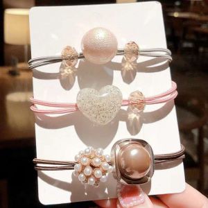 3Pcs/set Pink Pearls Beads Crystals Balls Scrunchie Elastic Women Girls Heart Geometric Hair Rope Cute Korean Fashion Hair Accessories