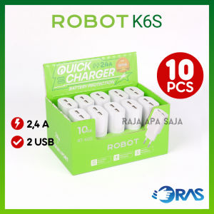 Kepala Charger Robot 2 USB 24A Isi 10 Pcs Batok Travel Adaptor Casan Fast Charging Android K6S