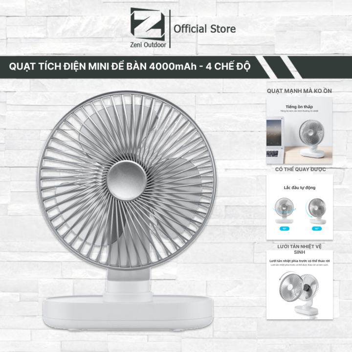 Quạt tích điện, quạt để bàn XOAY tự động trái phải, pin 4000mAh, 4 TỐC ...
