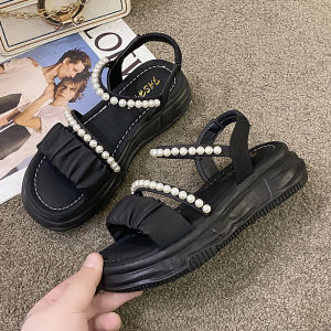 [Free Shipping] WomenS Sandals For Outdoor Wear 2025 Summer New Collection Versatile And Fashionable Thick-Soled Pearl-Embellished Soft-Soled Roman-Style Fashion Sandals