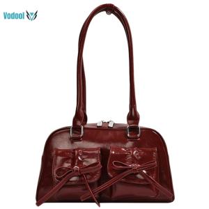 Women Daily Commuting Bag Double Pockets PU Leather Small Tote Bag Chic Hobo Bag [Vodool Official Center]