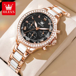 OLEVS 9999 Fashion Women Quartz Watch Gift Square-dial Ceramic Watchband Wristwatch Chronograph Calendar Luminous Stopwatch Small second