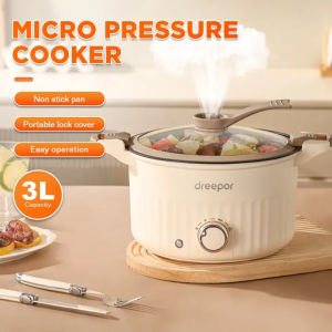 Dreepor 3L Electric Pressure Cooker with Non-Stick Coating and 3 Temperature Levels Portable Lock Cover