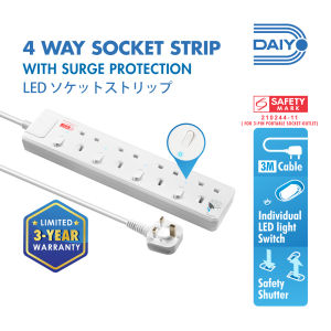 Daiyo DE 384 4 Way LED Surge Protector Power Extension Socket Strip with 3 Metre Power Cord