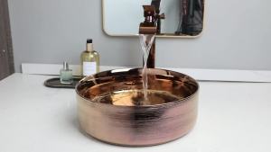 LDIES Bathroom Round Basin Faucet Set Ceramic Art Sink Waterfall Hot Cold Mixer Tap With Single Lever Rose Gold Pop Up Drain 6Y4Z3