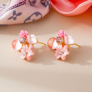 Fashionable Ring Gift 新款复古粉色锆石花朵耳环小众设计感耳钉2023年新款耳饰气质温柔