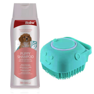 PAW HERO (BUNDLE) Bioline Shampoo (Puppy Shampoo) 250ml & Pet Silicone Massage Bath Brush Soft Silicon Pet Bath