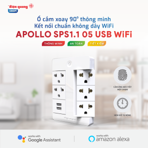 Ổ cắm Xoay 90° Thông Minh Điện Quang Apollo ĐQ SPS1.1 05 USB WiFi ( Kiểu ổ cắm xoay 5 lỗ ổ cắm 3 chấu và 2 lỗ USB sử dụng WiFi )