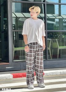 กางเกง ขายาว กางเกงลายสก็อต สไตล์เกาหลี ผู้หญิงเอวสูงยางยืด ใส่ได้ทั้งชายและหญิง สาวอวบไซส์ใหญ่100กิโลใส่ได้ K040