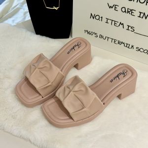 [Free Shipping] Womens Summer High-Heeled Slippers Fashionable and Versatile Thick-Soled Chunky Heel Non-Slip Solid Color Pleated