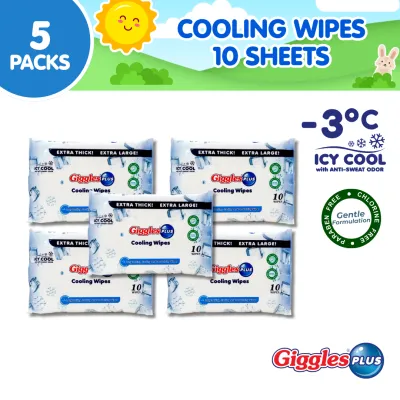 Giggles Plus Cooling Wipes 10 Sheets (5 packs) – Refreshing Gentle Moisturizing Multipurpose & Travel Pack