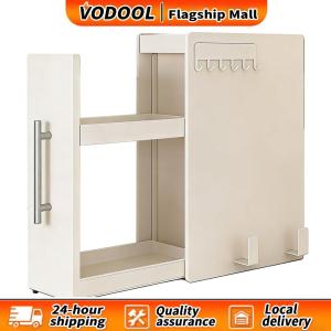 【Fast delivery】 Kitchen Narrow Side Countertop Storage Rack with Handle & Hooks Slide Out Spice Racks Organizer for Bathroom Under Sink and Coffee Bar