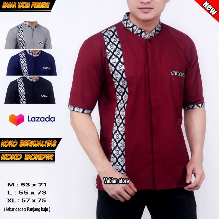Baju Koko Muslim Pria Terbaru 2022 Baju Koko Kombinasi Batik Lengan Pendek Kemeja Koko VABIAN STORE