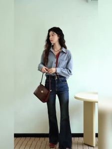 Striped Shirt For Women Autumn 2025 Blue Red Splicing Contrasting Color Shirts Laple Loose Retro Commute Tops