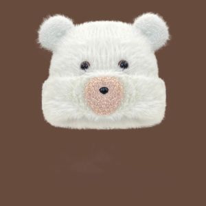 HULEQQI Vải nhung lông Mũ tai gấu dễ thương Hàn Quốc Ấm áp Mũ chui đầu lông giả Mùa Thu Ngoài trời Mũ lông mịn cho nữ Ngoài trời