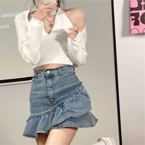 Rok Wanita Celana Pendek Celana Pendek A-line Longgar Denim Polos Rok Lipit