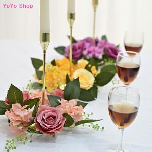 💕 YoYo Shop 💕 Wedding Candlestick Wreath Artificial Roses Candle Rings Table Decoration Xmas New Year Birthday Party Home Ornaments