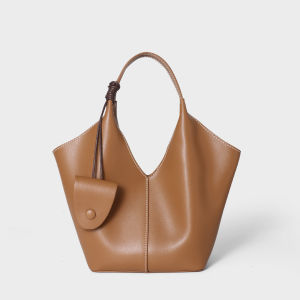Korean Niche Genuine Leather Bucket Bag Large Capacity Tote Shoulder Crossbody Handbag