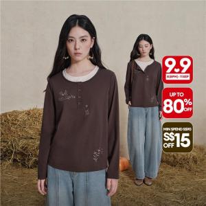 Giordano Women Fake two-piece embroidery long sleeve tee Free Shipping 18326232