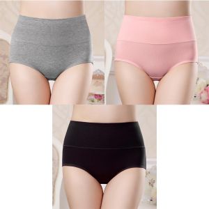 INTIMA 3PCS Plus Size Pure Cotton Panties For Women Underwear Tummy Control High Waist Briefs Underpants Breathable Comfort High-Stretch Plain Color Female Intimates M-3XL