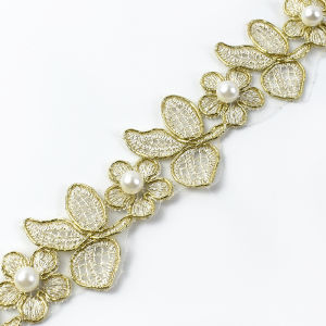 3Yards Pearl Beaded Lace Gold Thread Trim Sewing Dress Bride Applique Clothes Belt Ribbon Fabric