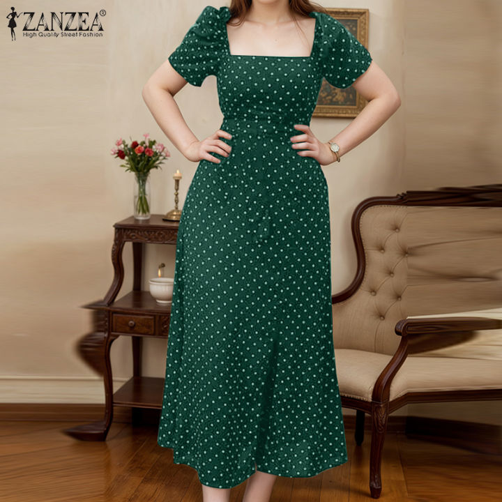 ZANZEA Women Holiday Square Neck Polka Dot Dresses Raglan Sleeve A-Line  Loog Split Dress #0519 | Lazada Singapore