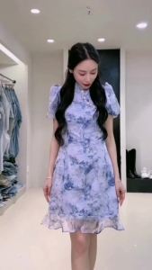 ชุดเดรสแขนสั้นสไตล์ฝรั่งเศสฤดูร้อนที่ทันสมัย ปรับปรุงชุดกี่เพ้าลายพิมพ์สีน้ำเงินสำหรับเด็กผู้หญิง แฟชั่นสไตล์จีน