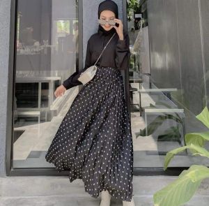 ROK PLISKET MUSLIM 7/8 MOTIF POLKADOT Fashion Wanita Rok Panjang Wanita Terbaru 2024 Simple