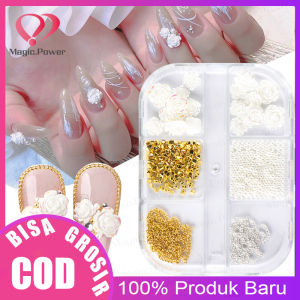 1 Kotak Bunga Resin Warna Putih Dengan Manik-Manik Emas Untuk Dekorasi Nail Art