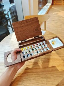 Wooden Foldable Watercolor Drawing Board Travel Portable 24-color Paint Dispense Hand-painted Graffiti Dye Palette Art Tools
