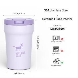 Cheerful Goat Regular 350ml Coffee Cup Ceramic Inner Liner Insulated Travel Tumbler Leakproof Reusable Portable Mug for Hot & Cold Drinks Office Commuting Car Camping Daily Use