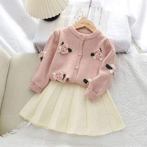 Bear Leader Pink Sweet and Cute Girls ClothES 3D Flower Long Sleeve Knitted Sweater+Beige Short Skirt Autumn/Winter 2 Piece Set
