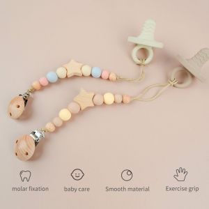 SKJK Dummy Clips Pacifier Holder Clips Wood Star Baby Pacifier Chain Adjustable Holder Clips Baby Teether Toys Straps Children