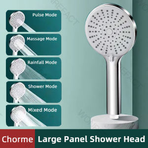 Bathroom High Pressure Gray Shower Head With Holder Full Set Large Panel 5 Mode Water Saving Design for HDB/ 花洒